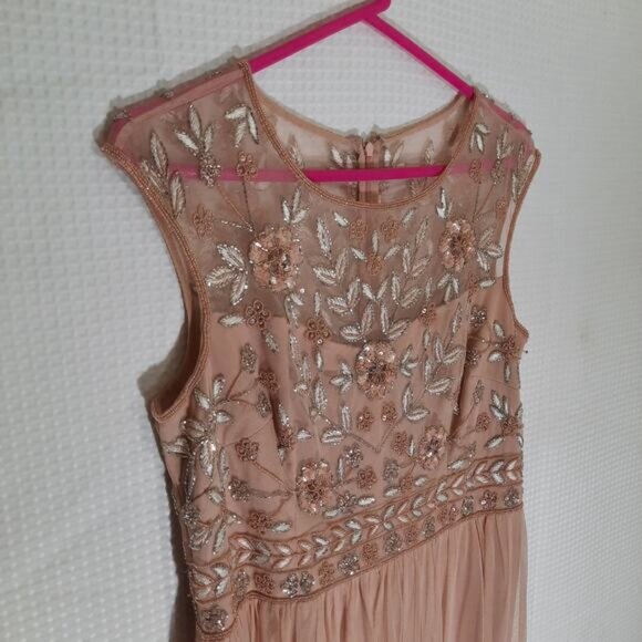 Adrianna Papell Beaded Mesh Gown Pink Floral Embroidery Dress Size 12 Formal - Picture 2 of 10